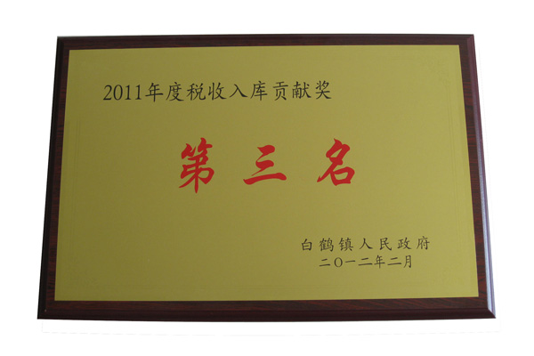 2011年稅收入庫貢獻(xiàn)獎第三名